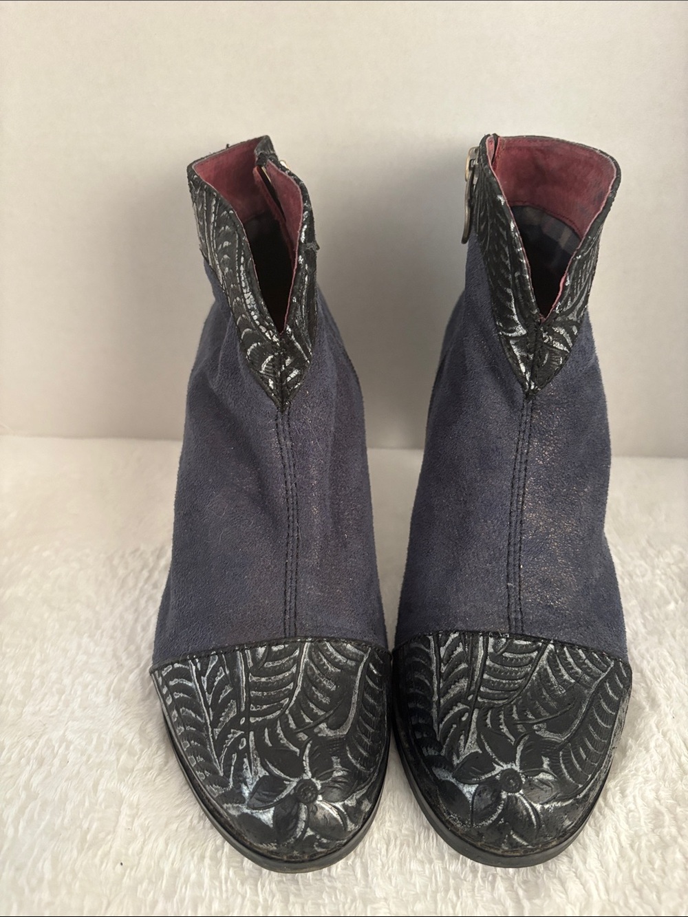 Women's Navy Suede Ankle Booties with Textured Trim - Picture 2 of 7